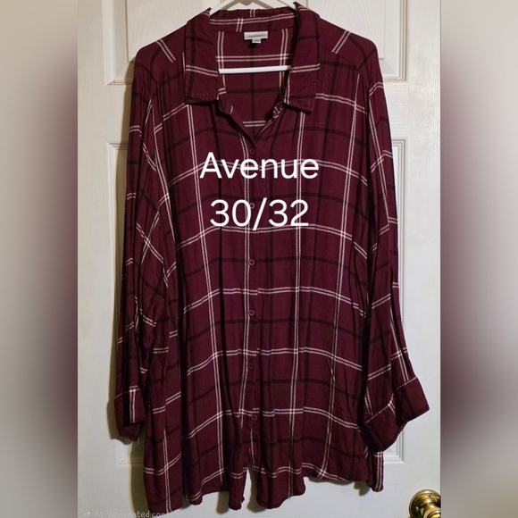 Avenue Tops - Avenue Burgundy Plaid Button-Front Shirt